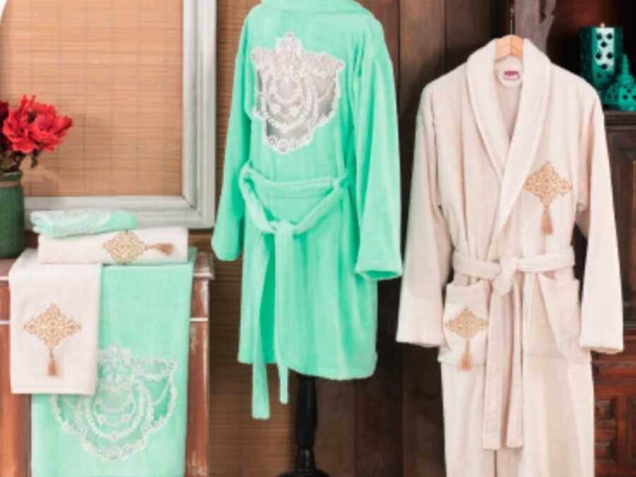 Hobby - Angel Bamboo Bathrobe Set Light Green Cream Hobby - Angel Bamboo Bathrobe Set Light Green Cream