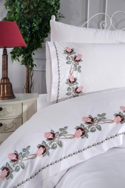 Anita Embroidery King Size Duvet Cover Set 6 pcs, Duvet Cover 200x220, Sheet 240x260, Double Size, Cream Color - Thumbnail