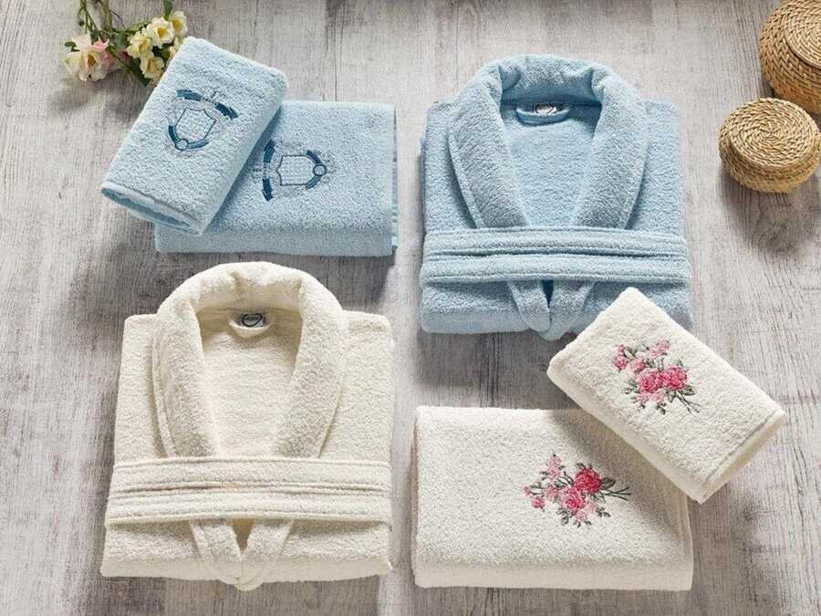 Dowry World - Ardora Bukle Family Bathrobe Set Cream Blue