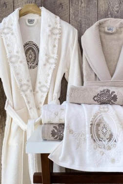 Çeyiz Diyarı - Arella 6 Pcs Bamboo Bathrobe Set with Lace, Bathrobe, Hair Towel 50x90, Bath Towel 70x140 Cream Brown
