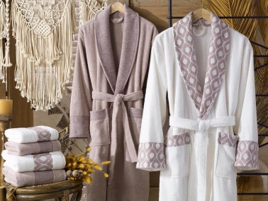 Aria Jacquard Cotton Bathrobe Set Cream - Orange - Thumbnail