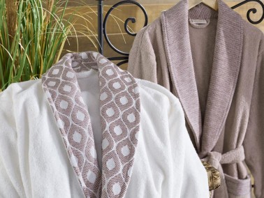 Aria Jacquard Cotton Bathrobe Set Cream - Orange - Thumbnail