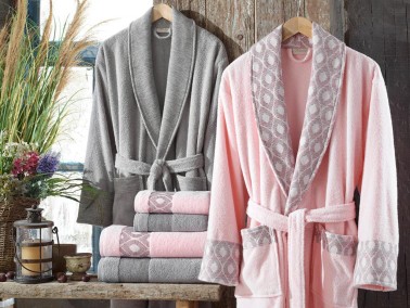 Dantela - Aria Jacquard Cotton Bathrobe Set Pink Gray Dantela - Aria Jacquard Cotton Bathrobe Set Pink Gray