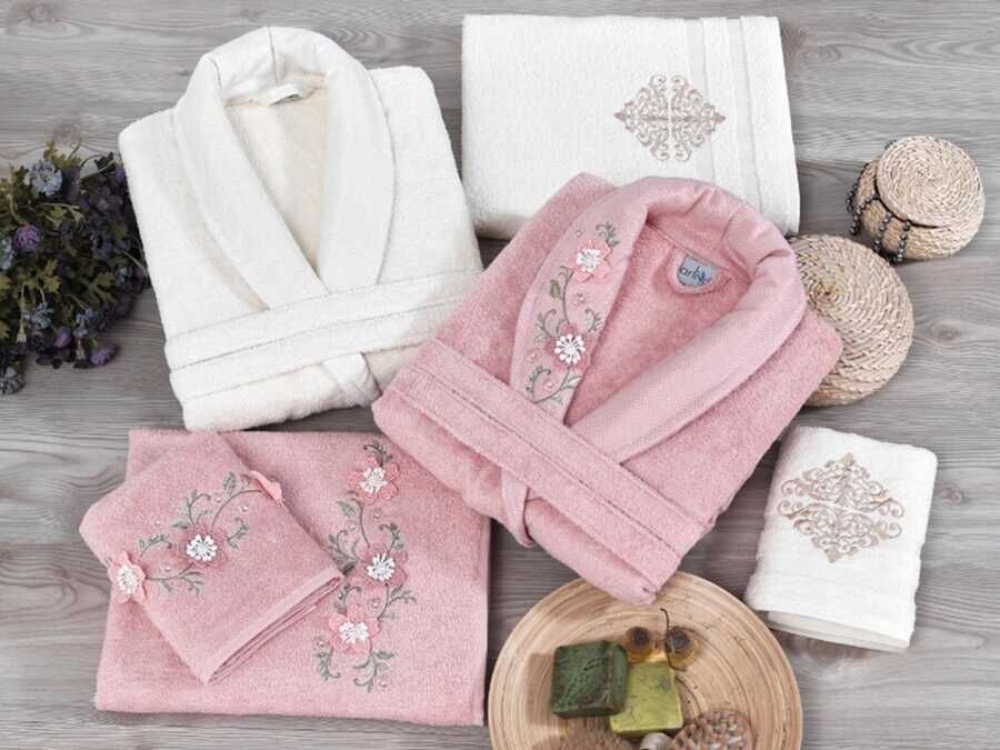 Arliva Bamboo 3D Embroidered Family Bathrobe Set Dried Rose Cream