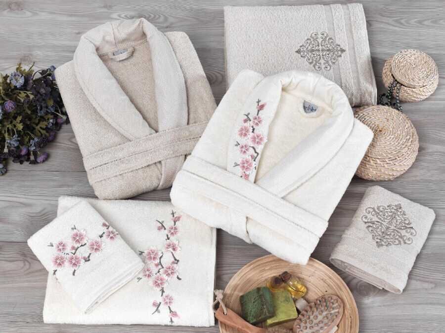 Arliva Bamboo 3D Embroidered Family Bathrobe Set Brown Cream