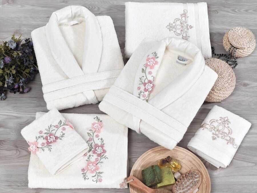  Arliva Bamboo 3D Embroidered Family Bathrobe Set Cream Cream