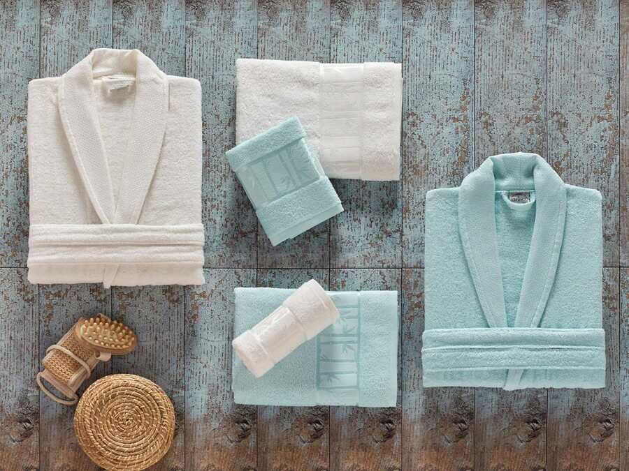 Arliva Bamboo Family Bathrobe Set Spring Green Cream