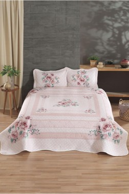 Armoni Quilted Bedspread Set 3pcs, Coverlet 240x250, Pillowcase 50x70, Double Size, Pink - Thumbnail