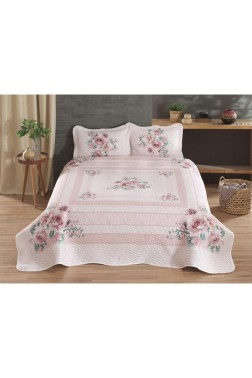 Armoni Quilted Bedspread Set 3pcs, Coverlet 240x250, Pillowcase 50x70, Double Size, Pink - Thumbnail