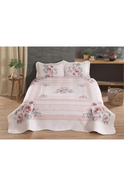 Armoni Quilted Bedspread Set 3pcs, Coverlet 240x250, Pillowcase 50x70, Double Size, Pink - Thumbnail