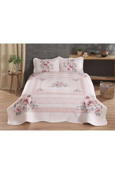 Armoni Quilted Bedspread Set 3pcs, Coverlet 240x250, Pillowcase 50x70, Double Size, Pink