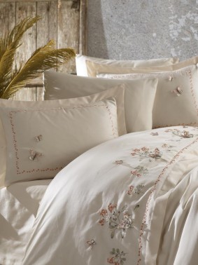 Artiva Embroidered 100% Cotton Sateen, Duvet Cover Set, Duvet Cover 200x220, Sheet 240x260, Double Size, Full Size Champagne - Thumbnail