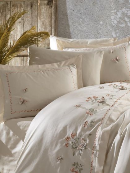 Artiva Embroidered 100% Cotton Sateen, Duvet Cover Set, Duvet Cover 200x220, Sheet 240x260, Double Size, Full Size Champagne