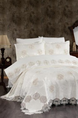 Asel Bridal Set 7pcs, Coverlet 240x250, Sheet 240x260, Duvet Cover 200x220, Pillowcase 50x70, Double Size, Cream - Thumbnail