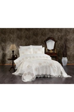 Asel Bridal Set 7pcs, Coverlet 240x250, Sheet 240x260, Duvet Cover 200x220, Pillowcase 50x70, Double Size, Cream - Thumbnail