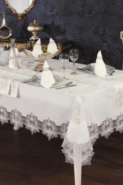 Asel Dinner Set 26 pcs, Tablecloth Rectangle, Runner, Placemat, Cream - Thumbnail