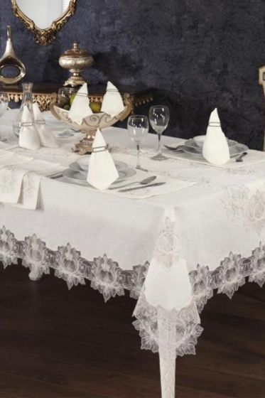 Asel Dinner Set 26 pcs, Tablecloth Rectangle, Runner, Placemat, Cream