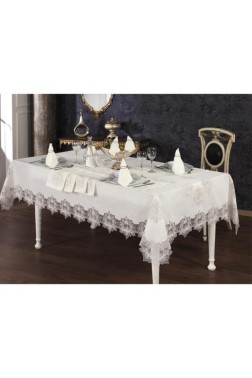 Asel Dinner Set 26 pcs, Tablecloth Rectangle, Runner, Placemat, Cream - Thumbnail