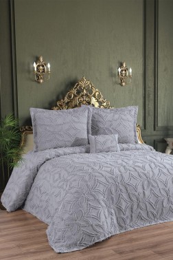 Çeyiz Diyarı - Aslıhan King Size Cotton Bedspread Set, Coverlet 240x250,with Pillowcase, Double Size, Cotton Fabric, Gray