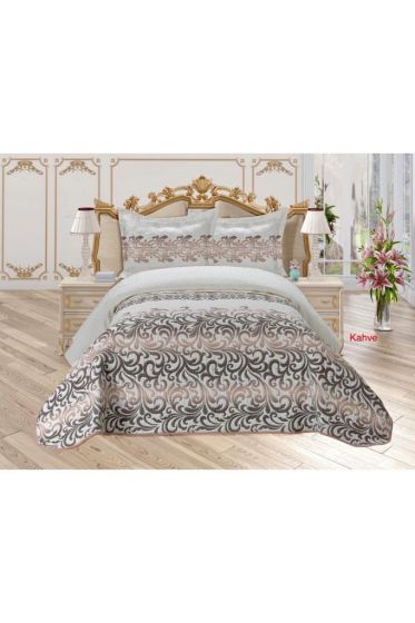 Aysu Queen Size Bedspread Set, Coverlet 180x240 with Pillowcase, Jacquard Fabric, Single Size, Brown