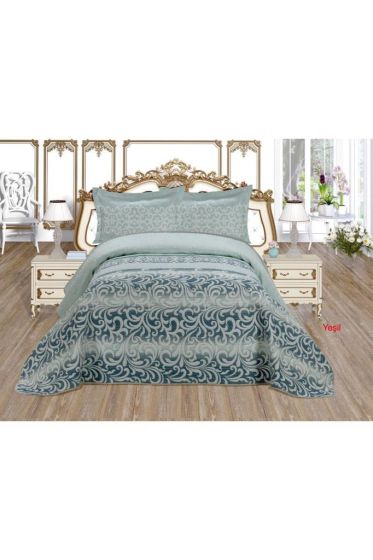 Aysu Queen Size Bedspread Set, Coverlet 180x240 with Pillowcase, Jacquard Fabric, Single Size, Green