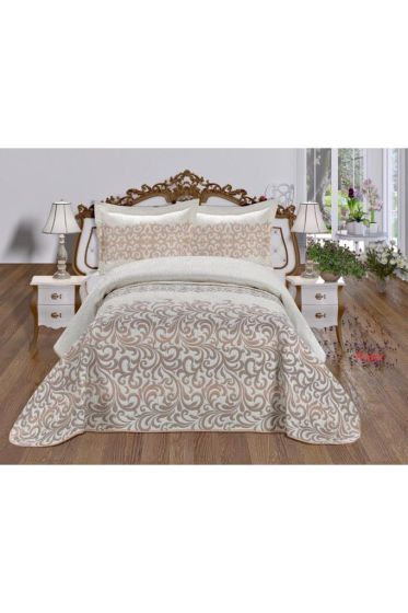 Aysu Queen Size Bedspread Set, Coverlet 180x240 with Pillowcase, Jacquard Fabric, Single Size, Pink