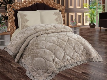 Ayzer Embroidered Velvet Quilt Set 6 Pieces Beige - Thumbnail