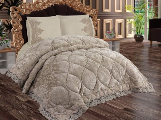 Ayzer Embroidered Velvet Quilt Set 6 Pieces Beige