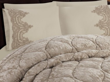 Ayzer Embroidered Velvet Quilt Set 6 Pieces Beige - Thumbnail