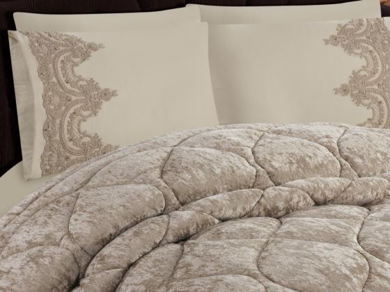 Ayzer Embroidered Velvet Quilt Set 6 Pieces Beige