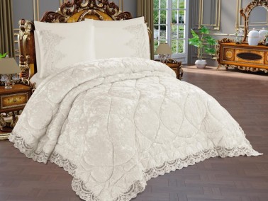 Ayzer Embroidered Velvet Quilt Set 6 Pieces Cream - Thumbnail