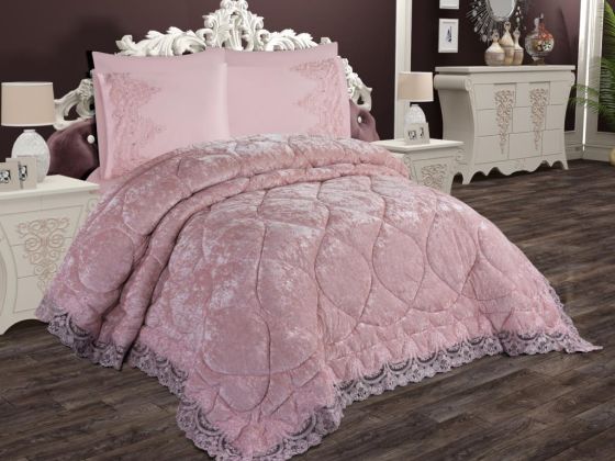 Ayzer Embroidered Velvet Quilt Set 6 Pieces Powder