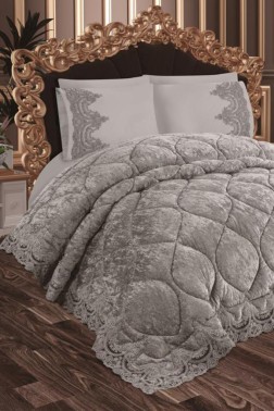 Ayzer Velvet Comforter Set 6pcs, Quilt 240x250, Sheet, Pillowcase 50x70, Double Size, Gray - Thumbnail