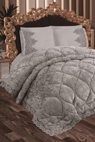Ayzer Velvet Comforter Set 6pcs, Quilt 240x250, Sheet, Pillowcase 50x70, Double Size, Gray