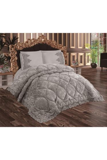 Ayzer Velvet Comforter Set 6pcs, Quilt 240x250, Sheet, Pillowcase 50x70, Double Size, Gray