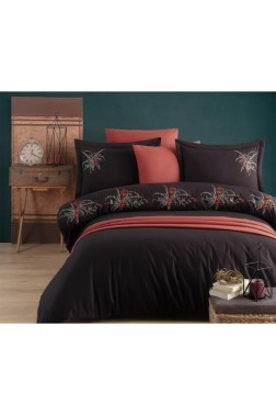 Azalea Embroidered 100% Cotton Duvet Cover Set, Duvet Cover 200x220, Sheet 240x260, Double Size, Full Size Black - Thumbnail