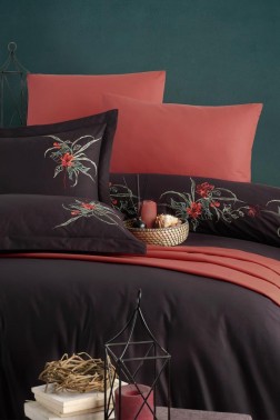 Azalea Embroidered 100% Cotton Duvet Cover Set, Duvet Cover 200x220, Sheet 240x260, Double Size, Full Size Black - Thumbnail