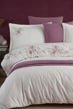 Azalea Embroidered 100% Cotton Duvet Cover Set, Duvet Cover 200x220, Sheet 240x260, Double Size, Full Size Ecru - Thumbnail