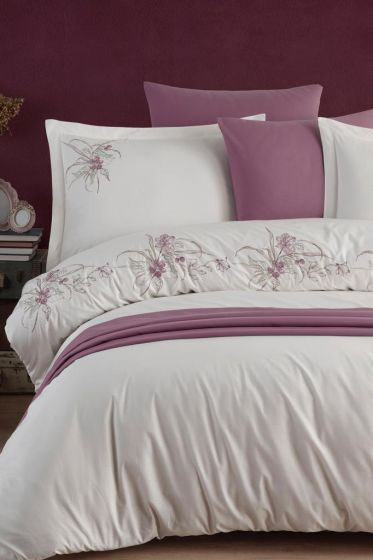 Azalea Embroidered 100% Cotton Duvet Cover Set, Duvet Cover 200x220, Sheet 240x260, Double Size, Full Size Ecru