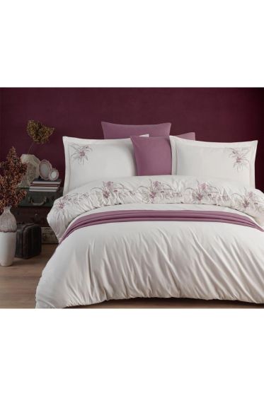 Azalea Embroidered 100% Cotton Duvet Cover Set, Duvet Cover 200x220, Sheet 240x260, Double Size, Full Size Ecru