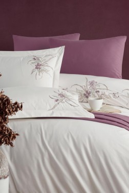 Azalea Embroidered 100% Cotton Duvet Cover Set, Duvet Cover 200x220, Sheet 240x260, Double Size, Full Size Ecru - Thumbnail