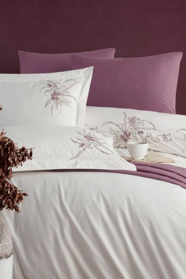 Azalea Embroidered 100% Cotton Duvet Cover Set, Duvet Cover 200x220, Sheet 240x260, Double Size, Full Size Ecru