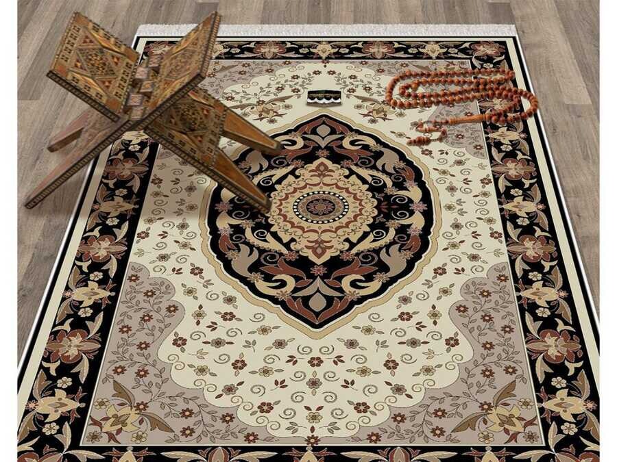 Azra Velvet Prayer Rug Black - Thumbnail