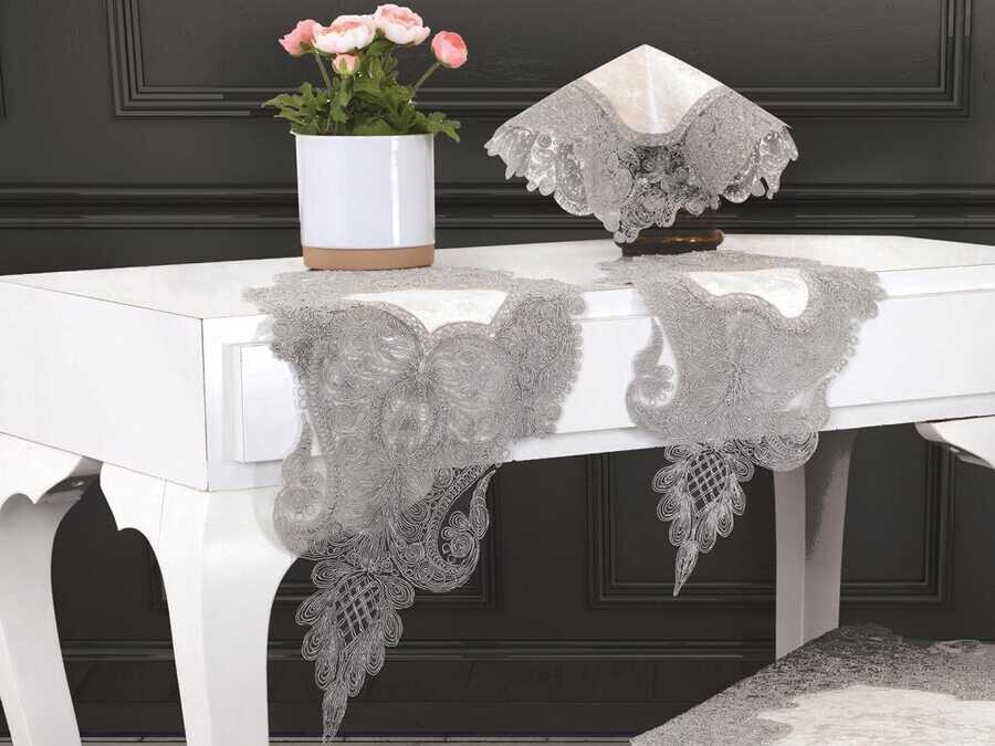 Azra Kordone Luxury Velvet 5 Piece Living Room Set Cream Silver - Thumbnail