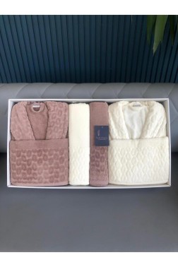 Çeyiz Diyarı - Badem 6 Piece Family Sauna and Bath Set, Bathrobe, Bath Towel 90x150, Hair Towel 50x90, Dry Brown Cream