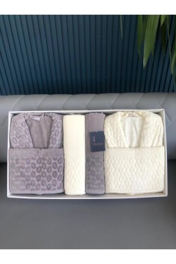 Çeyiz Diyarı - Badem 6 Piece Family Sauna and Bath Set, Bathrobe, Bath Towel 90x150, Hair Towel 50x90, Gray - Cream