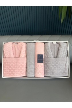 Çeyiz Diyarı - Badem 6 Piece Family Sauna and Bath Set, Bathrobe, Bath Towel 90x150, Hair Towel 50x90, Pink Beige
