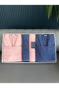 Çeyiz Diyarı - Badem 6 Piece Family Sauna and Bath Set, Bathrobe, Bath Towel 90x150, Hair Towel 50x90, Pink Indigo Çeyiz Diyarı - Badem 6 Piece Family Sauna and Bath Set, Bathrobe, Bath Towel 90x150, Hair Towel 50x90, Pink Indigo