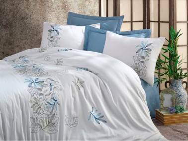 Spring Embroidered Cotton Satin Duvet Cover Set Cream Blue - Thumbnail