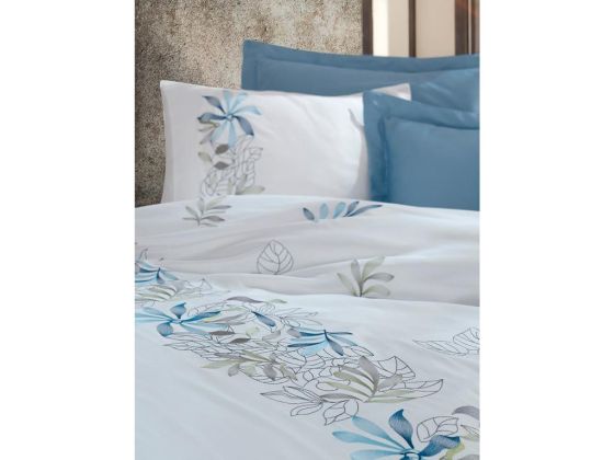 Spring Embroidered Cotton Satin Duvet Cover Set Cream Blue